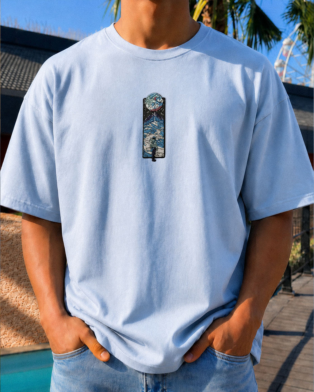 Fly To The Moon Embroidered Oversized T Shirt - Pre Order