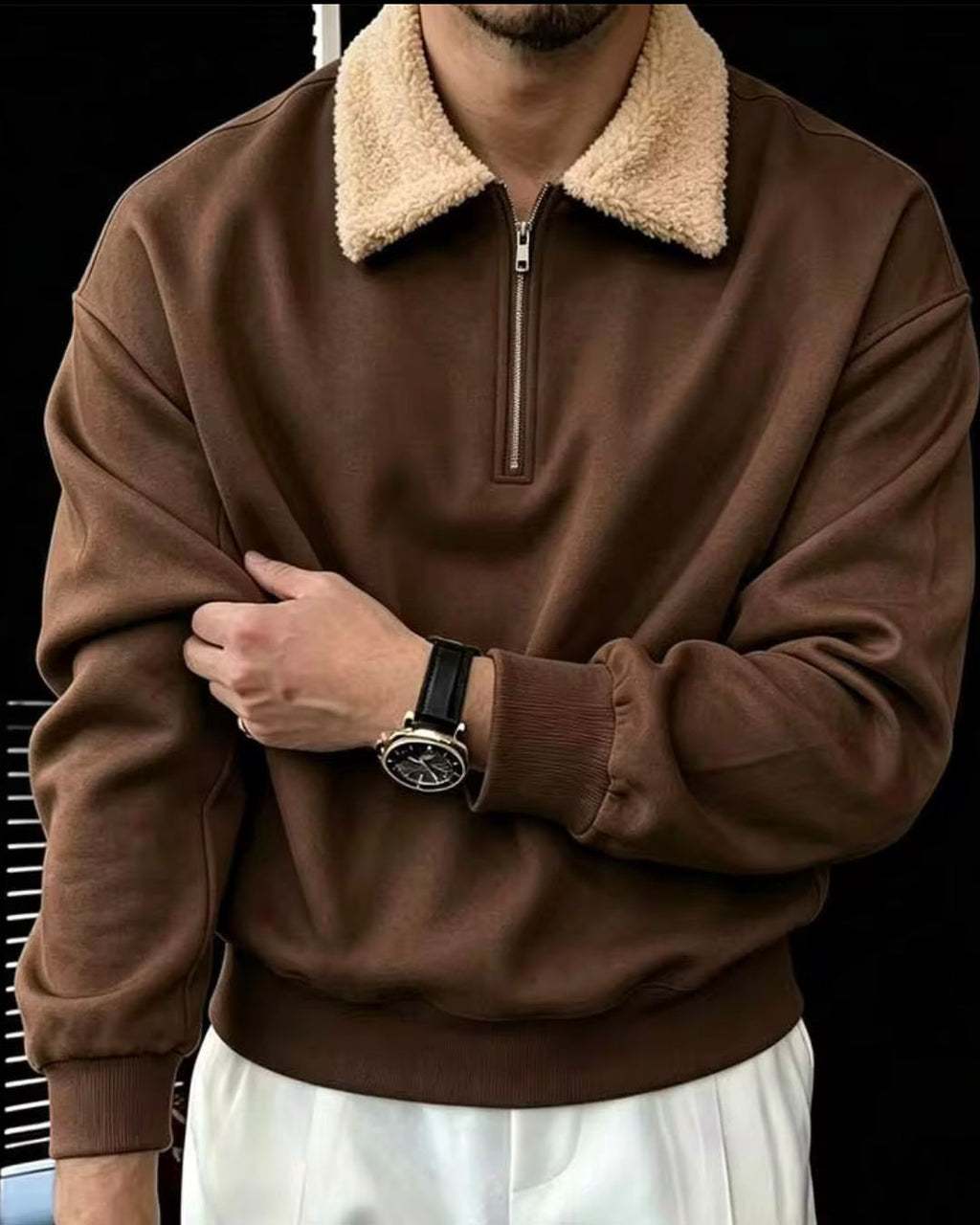 Suede Sherpa Collar Quarter-Zip